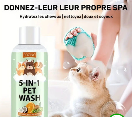 Shampoing 5-en-1 pour Chien et Chat 100ml, Formule Végétale Pure, Sans Larmes, Non Irritant, Nettoie Instantanément et Élimine les Pellicules, Lutte contre les Odeurs et les Noeuds, Protège lors du Bain, Parfum Longue Durée, Recommandé par les Vétérinaire